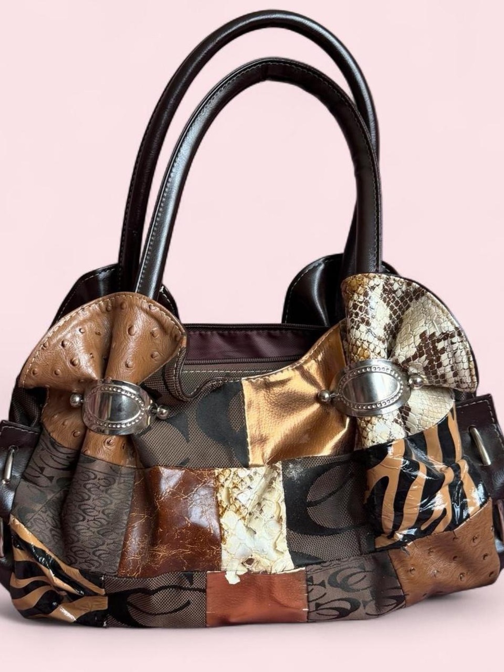 Y2K Patchwork Faux Leather Brown Shoulder Hobo Hand Bag Purse Baddie Grunge Goth